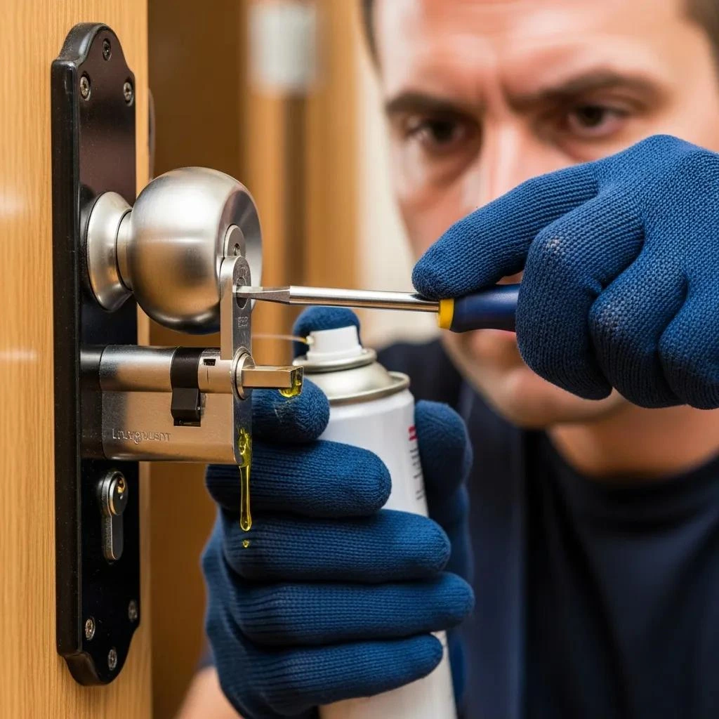 Locksmith lubricating and repairing a uPVC door lock mechanism